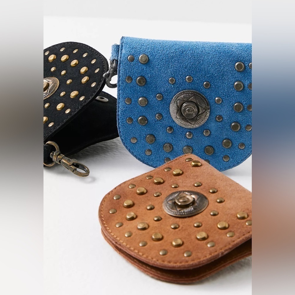 Free People Studded Clip On Wallet Blue Suede New